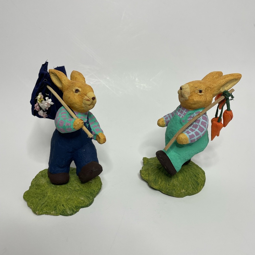Vintage Harry & David Paper Mache Bunny Rabbits Decor Set Of 2 Easter Bunnies 6”